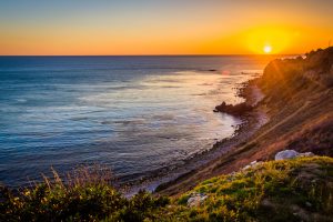 View of Pelican Cove at sunset, in Ranchos Palos Verdes, California.