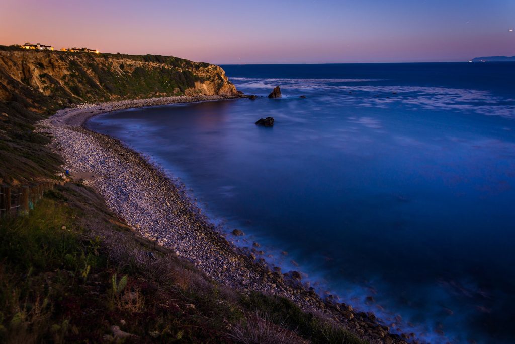 View of Pelican Cove at twilight, in Ranchos Palos Verdes, California.